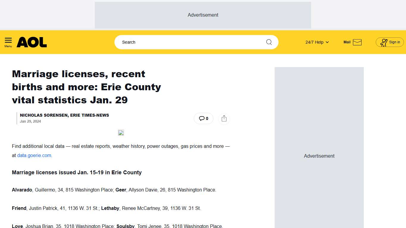 Marriage licenses, recent births and more: Erie County vital statistics Jan. 29 - AOL
