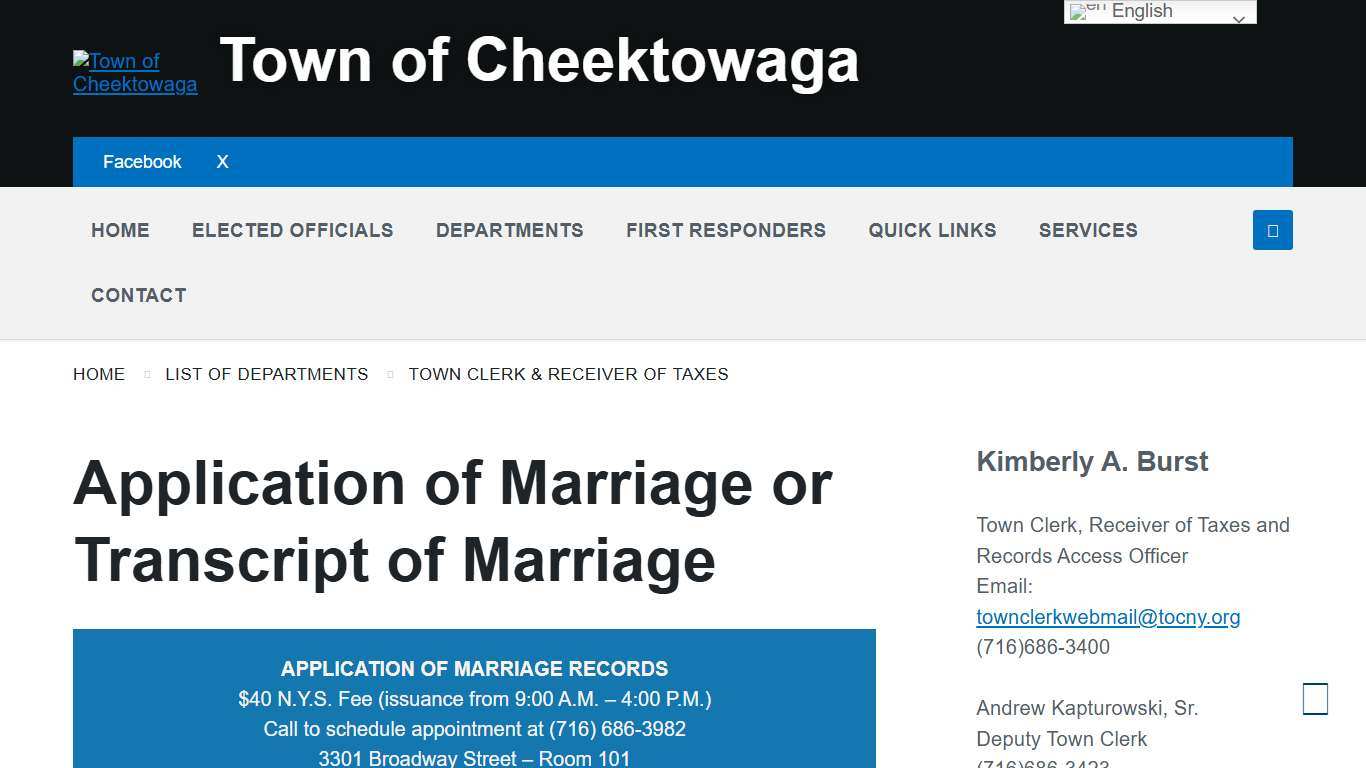 Application of Marriage or Transcript of Marriage – Town of Cheektowaga