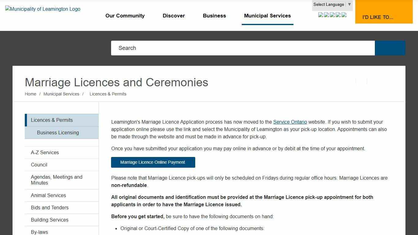 Marriage Licences and Ceremonies - Municipality of Leamington